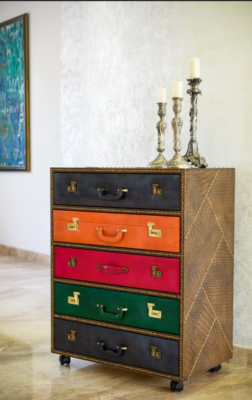 Multi-Color Leather-Finish Trolley Cabinet