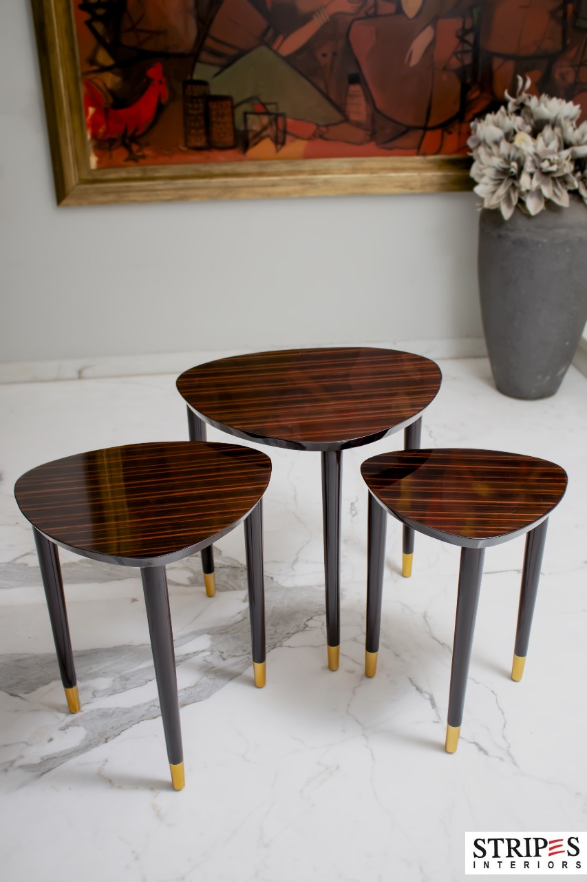 Asymmetrical Resin Inlay Ebony Teakwood Designer Nesting Table