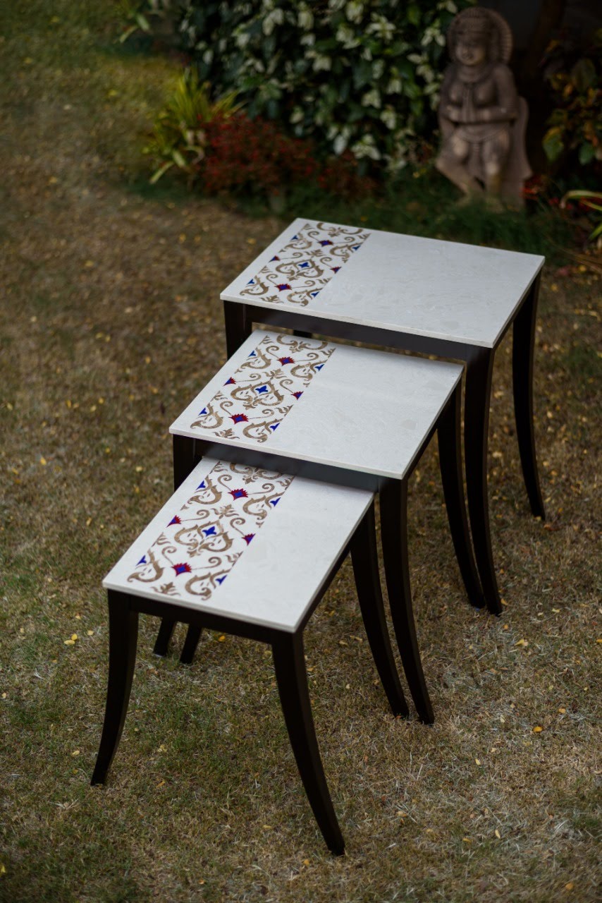 Artisanal Marble Inlay Nesting Table